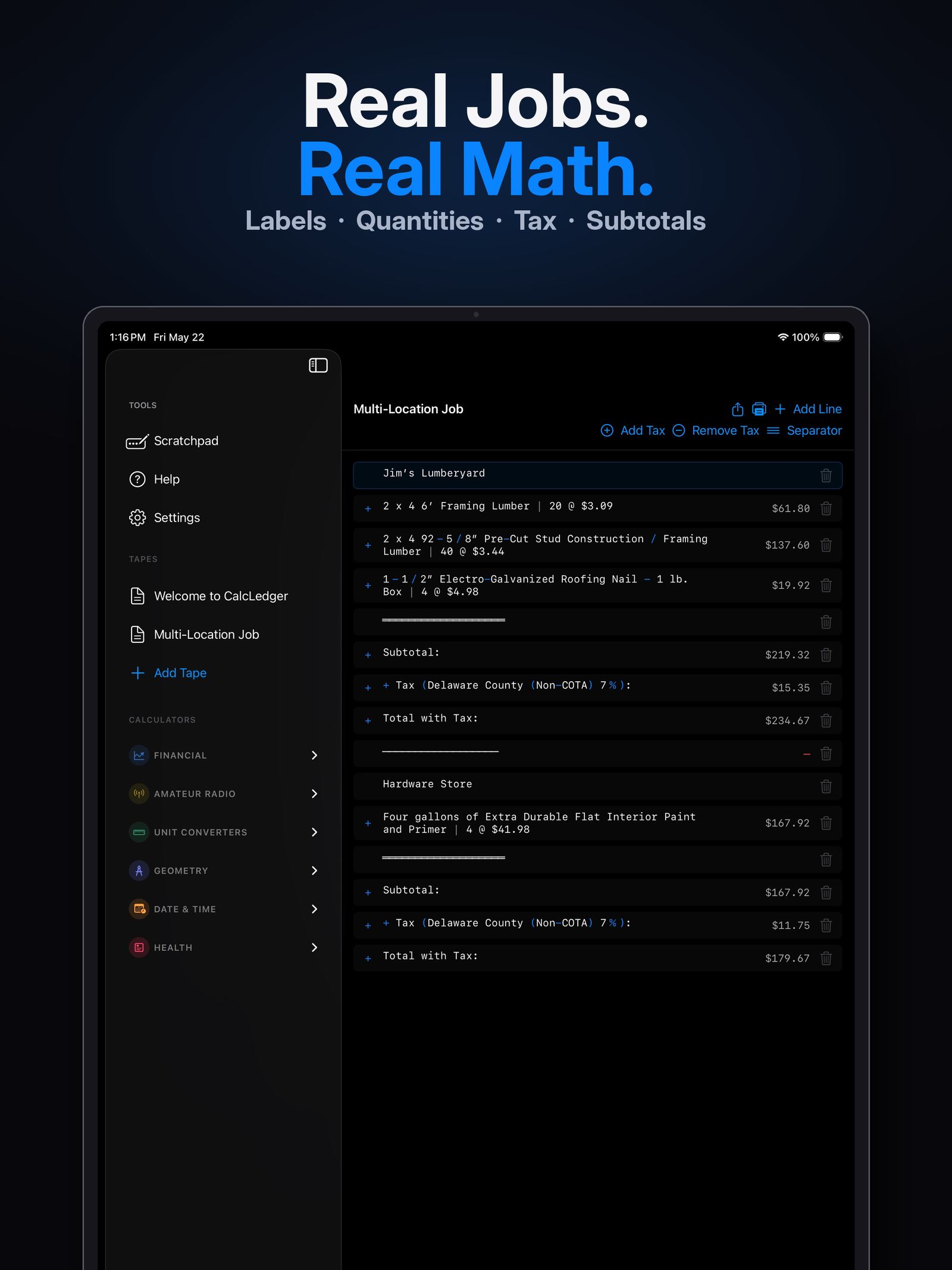 CalcLedger Multi-Location Job tape on iPad in two-column layout