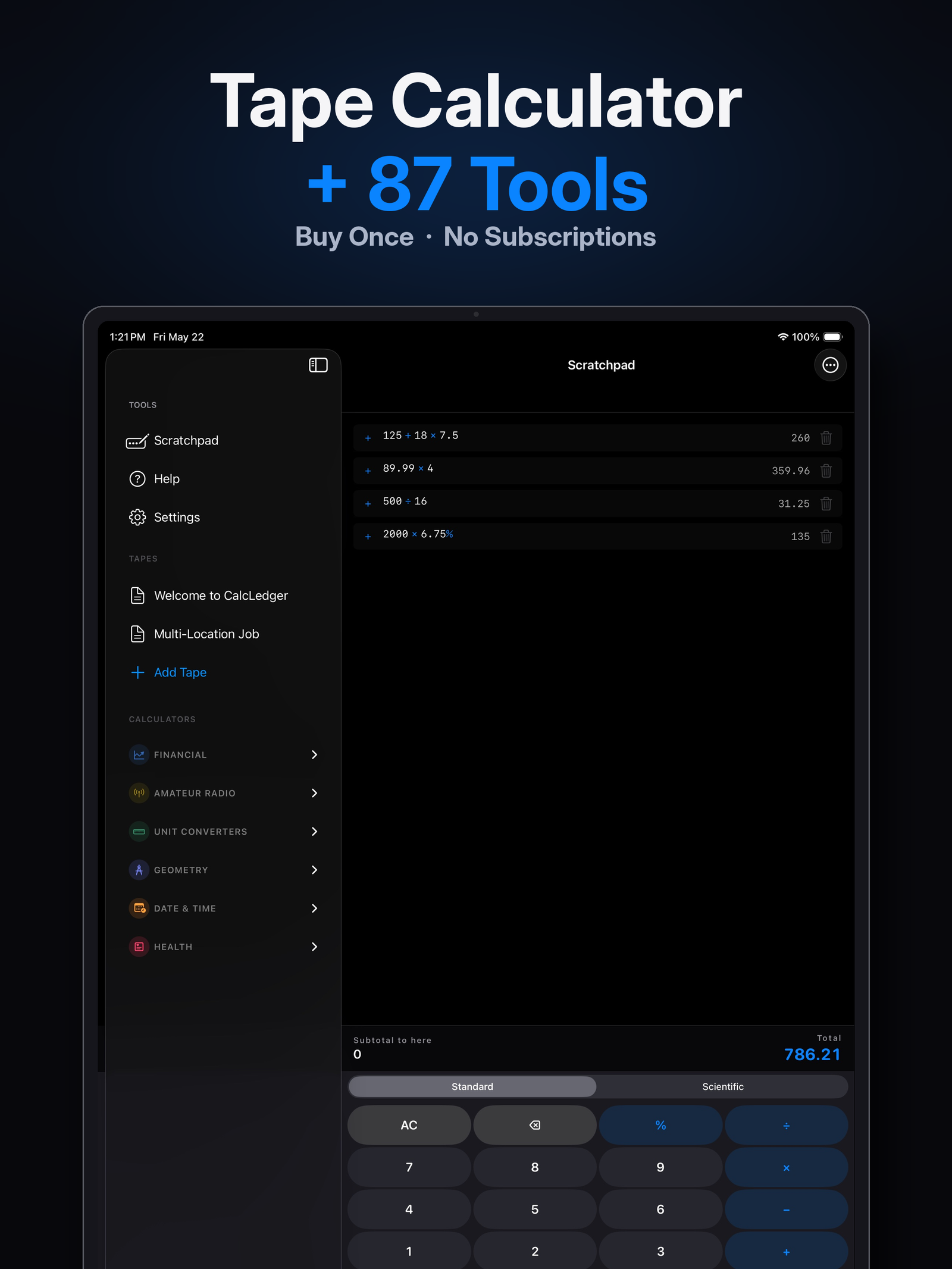 CalcLedger Scratchpad on iPad with calculator sidebar
