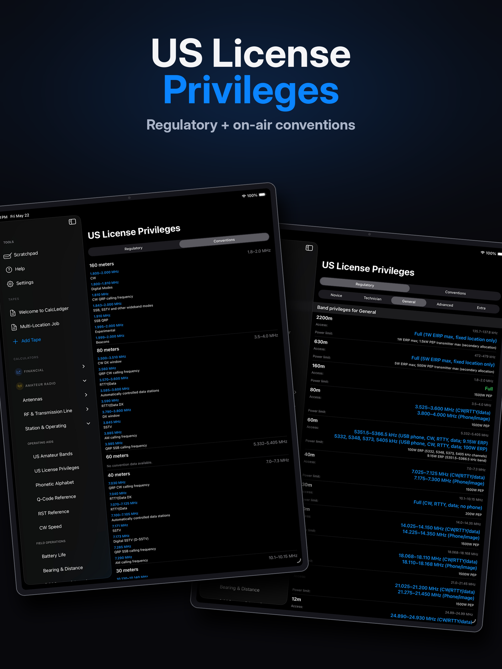 CalcLedger US License Privileges on iPad with full band chart