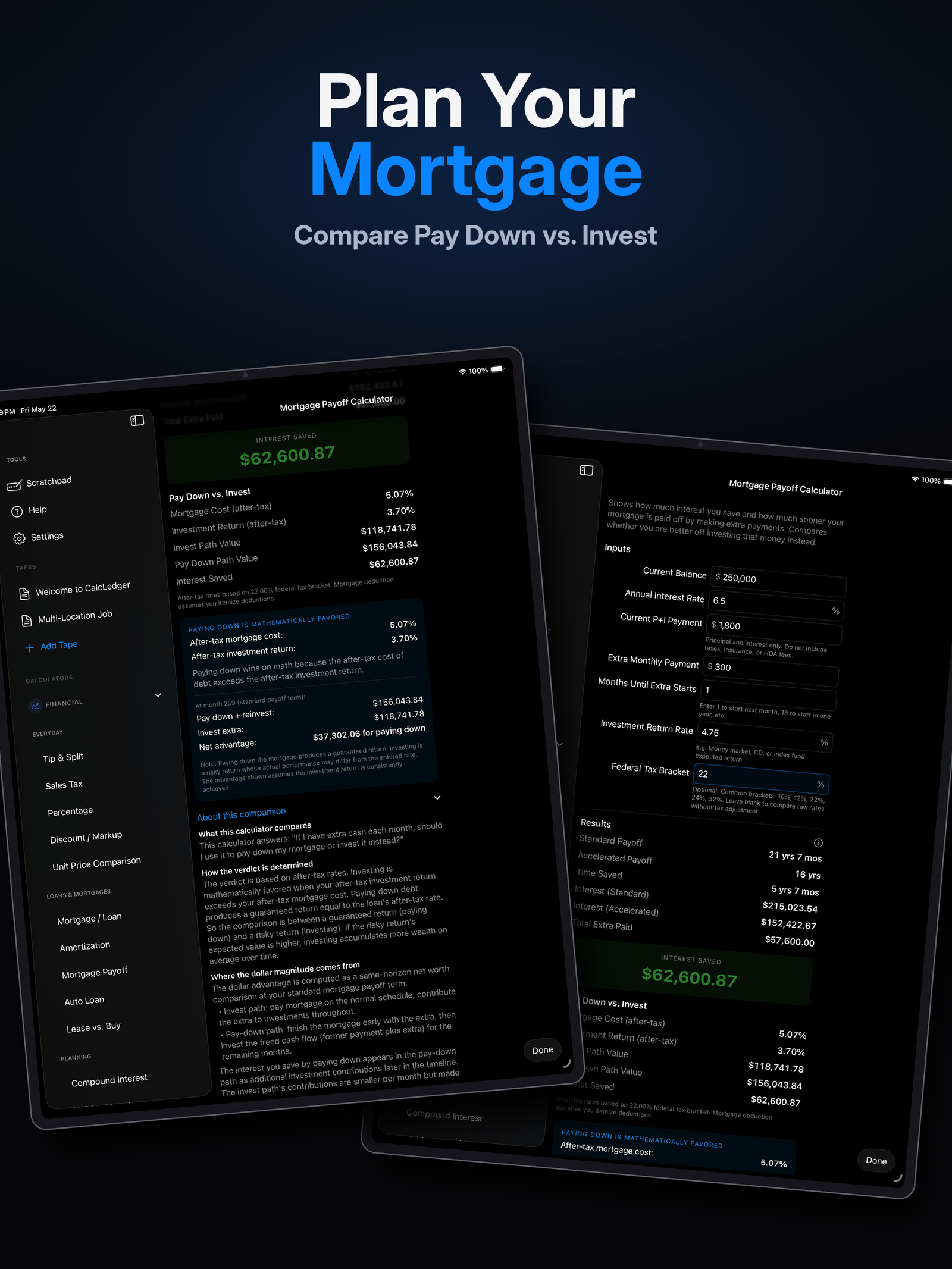 CalcLedger Mortgage Payoff calculator on iPad with full breakdown