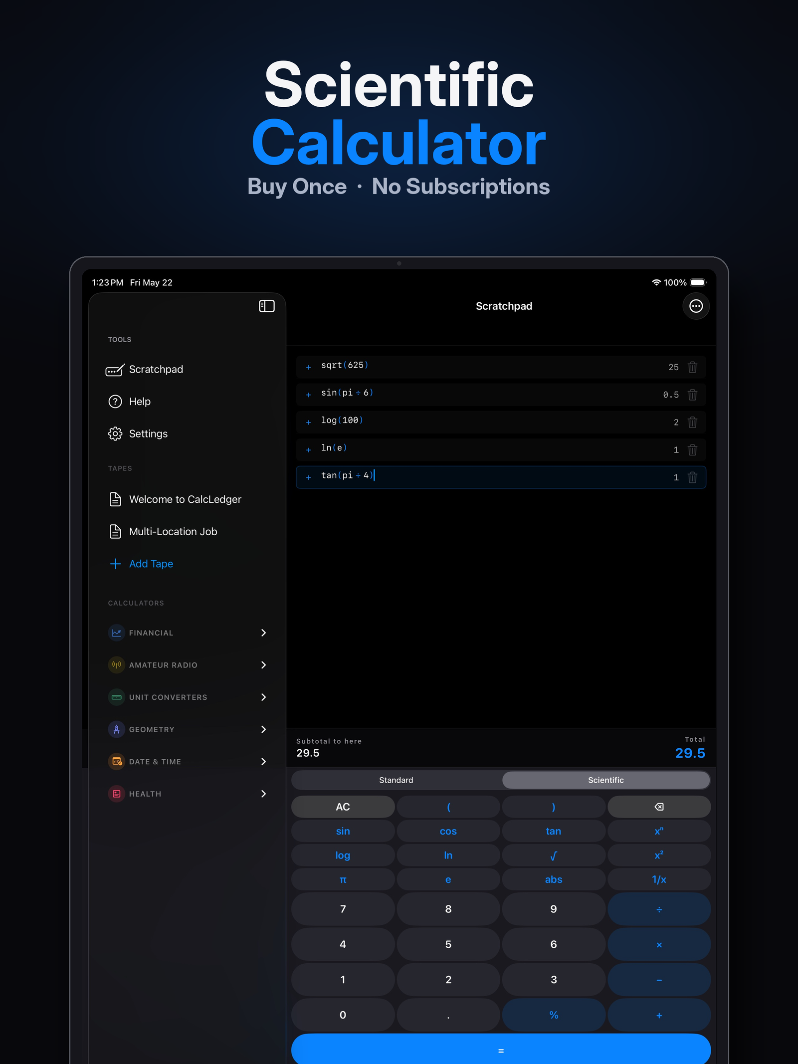 CalcLedger Scientific calculator on iPad