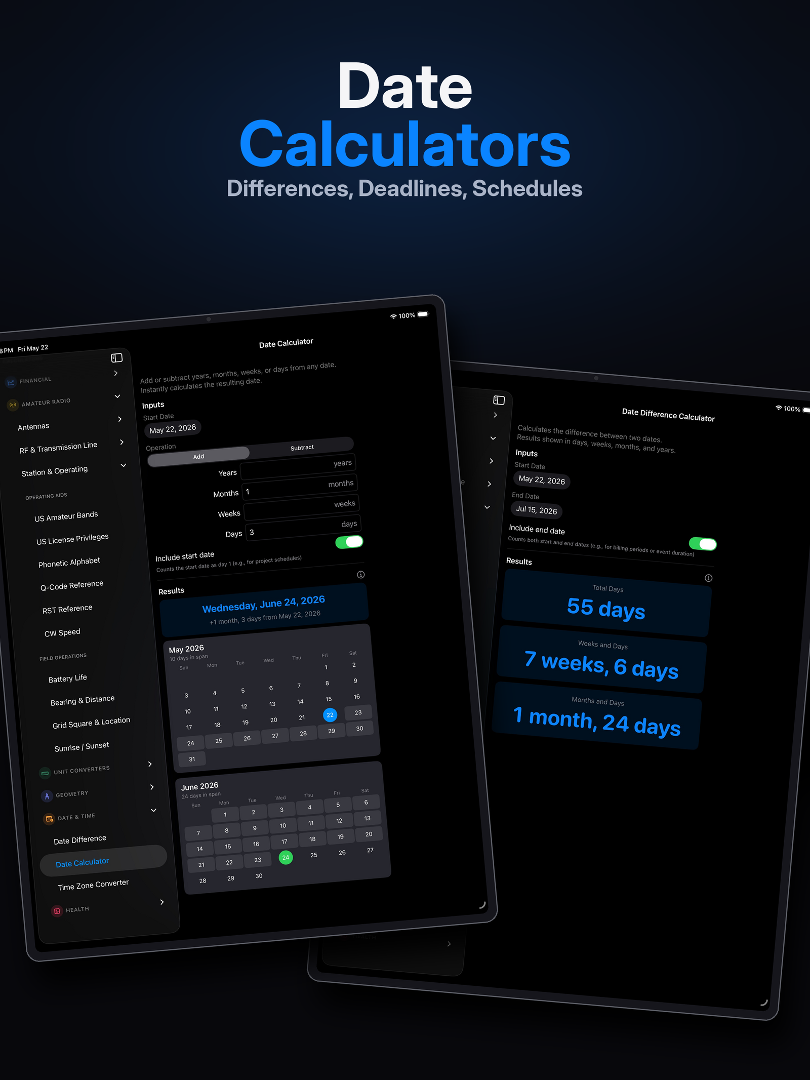 CalcLedger Date Calculator on iPad with dual calendar view