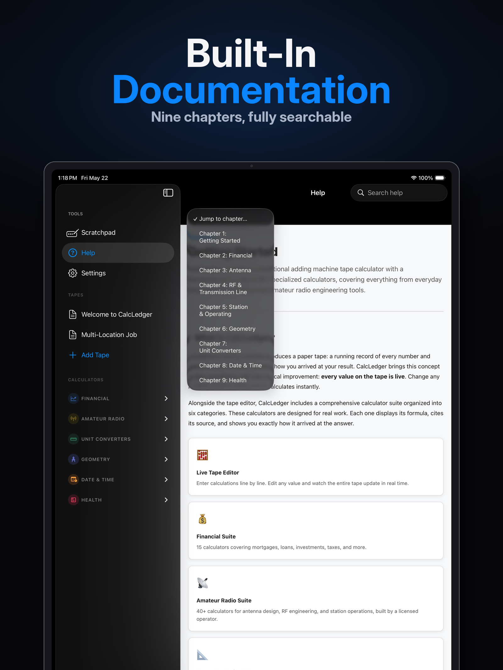CalcLedger Built-In Help on iPad with nine-chapter manual