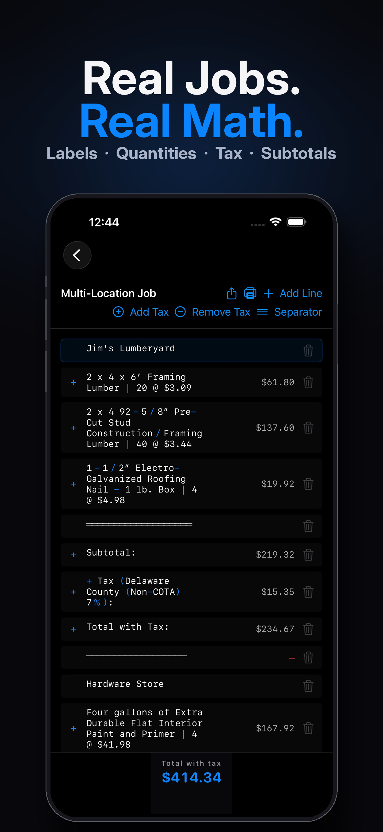 CalcLedger Multi-Location Job tape on iPhone, showing two stores with separate subtotals and tax lines