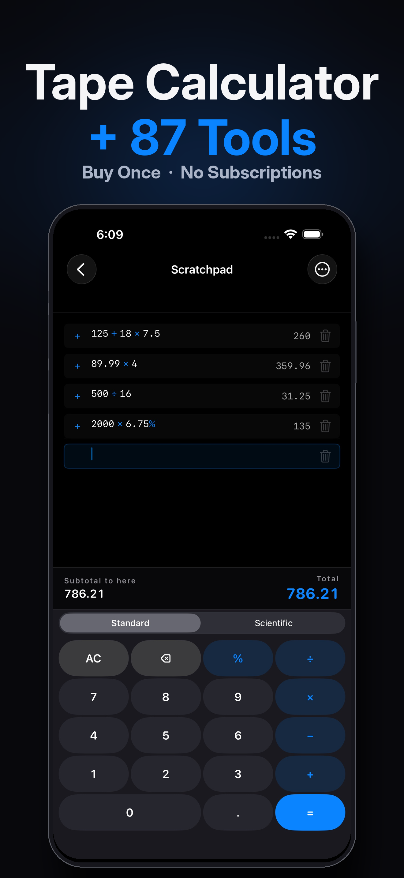 CalcLedger Scratchpad with standard keypad on iPhone