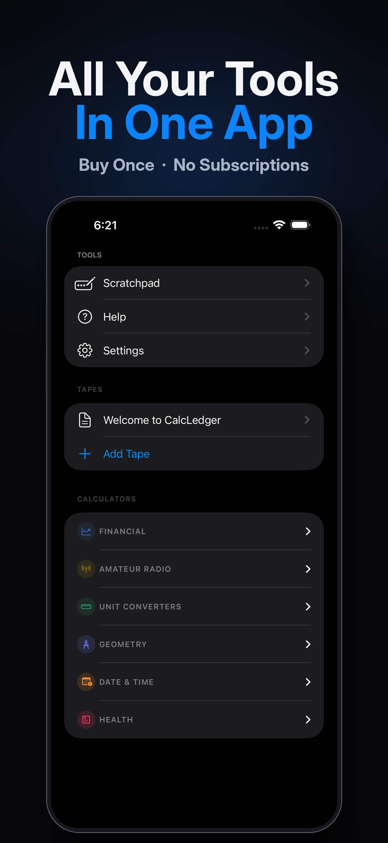 CalcLedger Home screen on iPhone, showing Tools, Tapes, and six calculator categories
