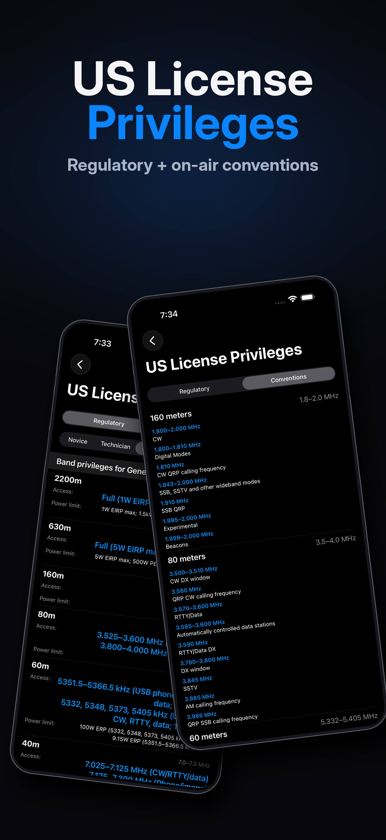 CalcLedger US License Privileges on iPhone, showing band privileges by license class