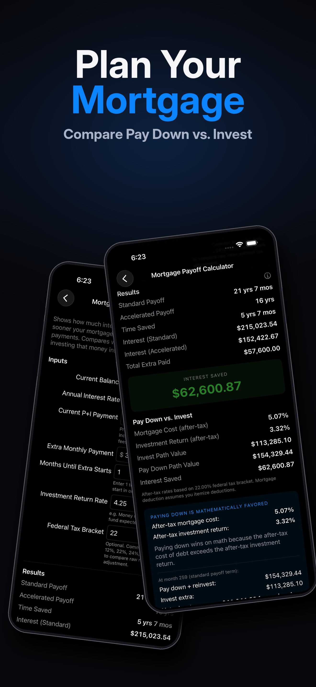 CalcLedger Mortgage Payoff calculator on iPhone with Pay Down vs. Invest comparison