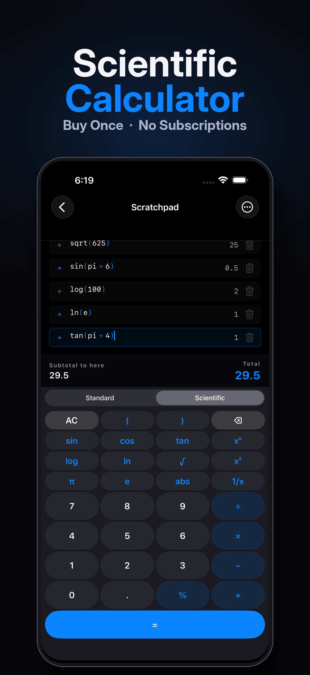 CalcLedger Scientific calculator on iPhone with sin, cos, tan, log, ln, and sqrt
