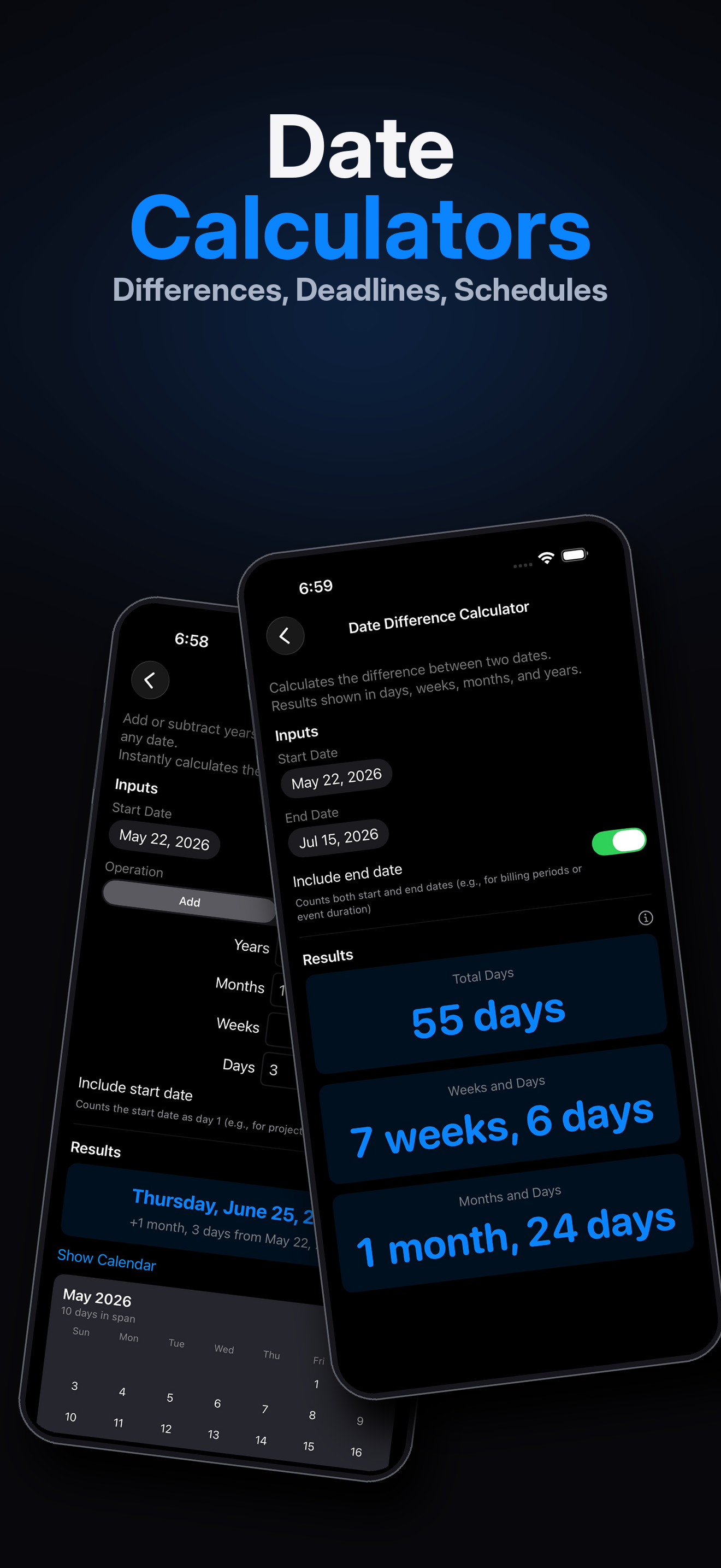 CalcLedger Date Difference calculator on iPhone