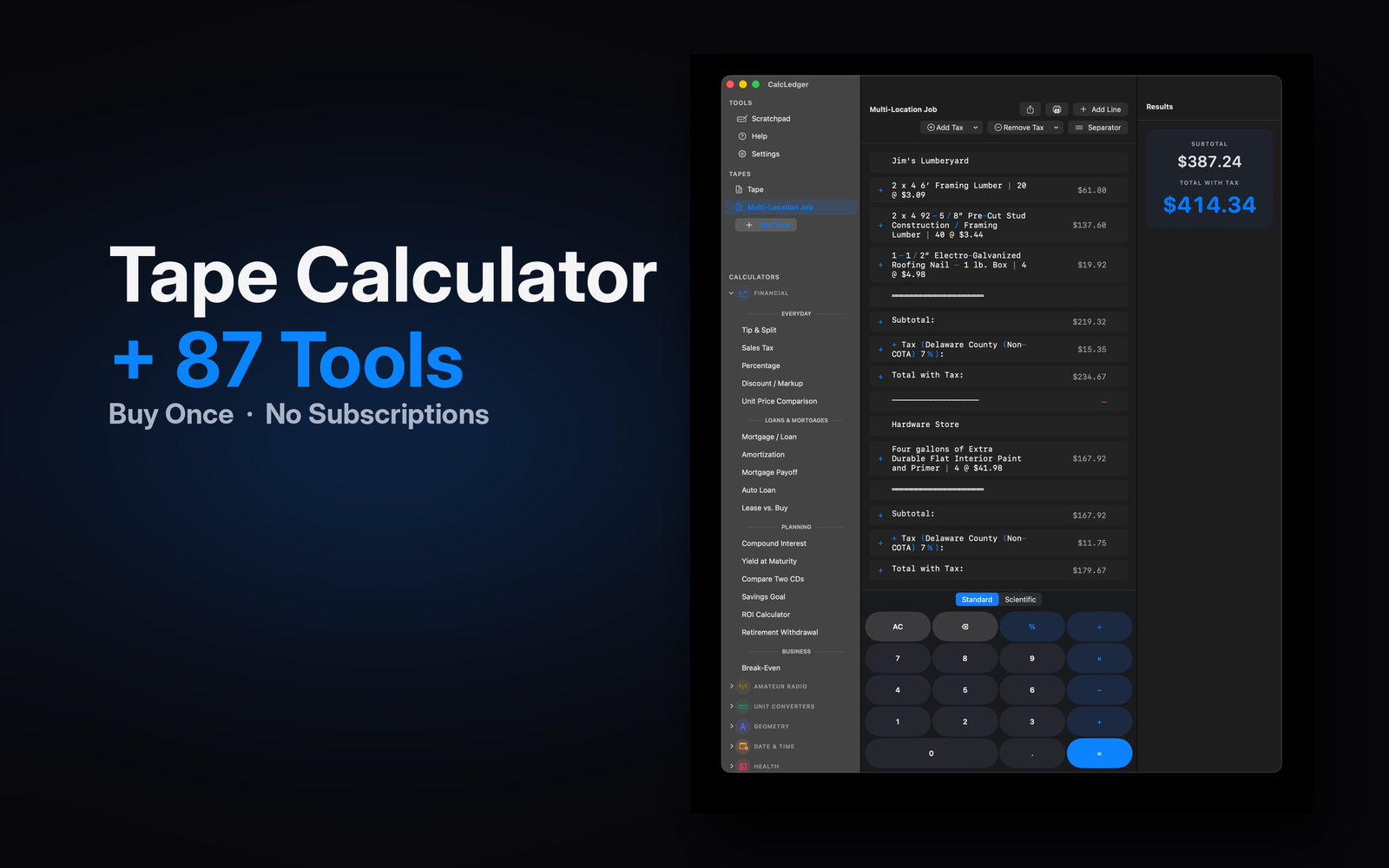 CalcLedger Multi-Location Job tape on Mac with sidebar, tape, and totals pane