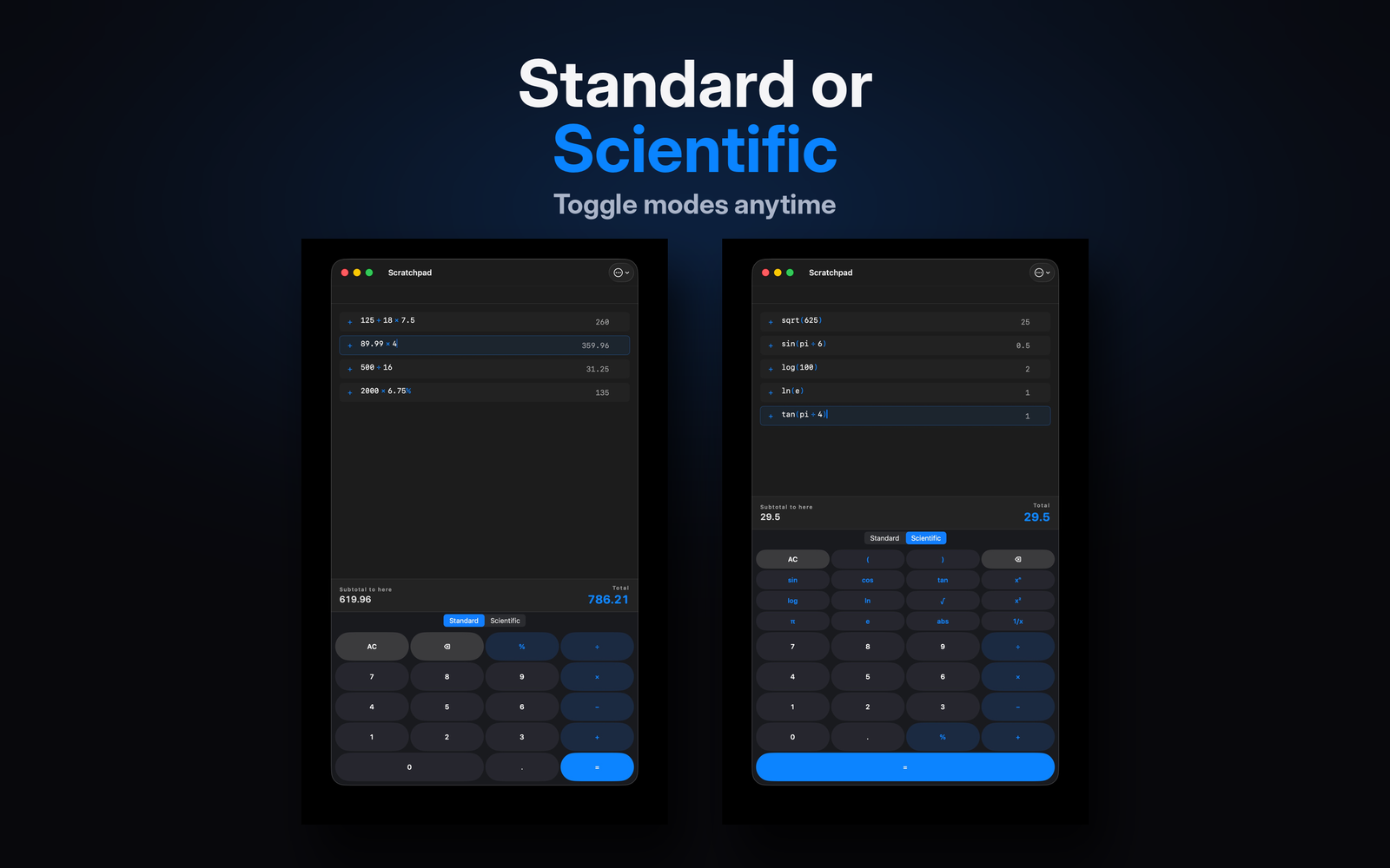 CalcLedger Standard and Scientific Scratchpads on Mac, side by side