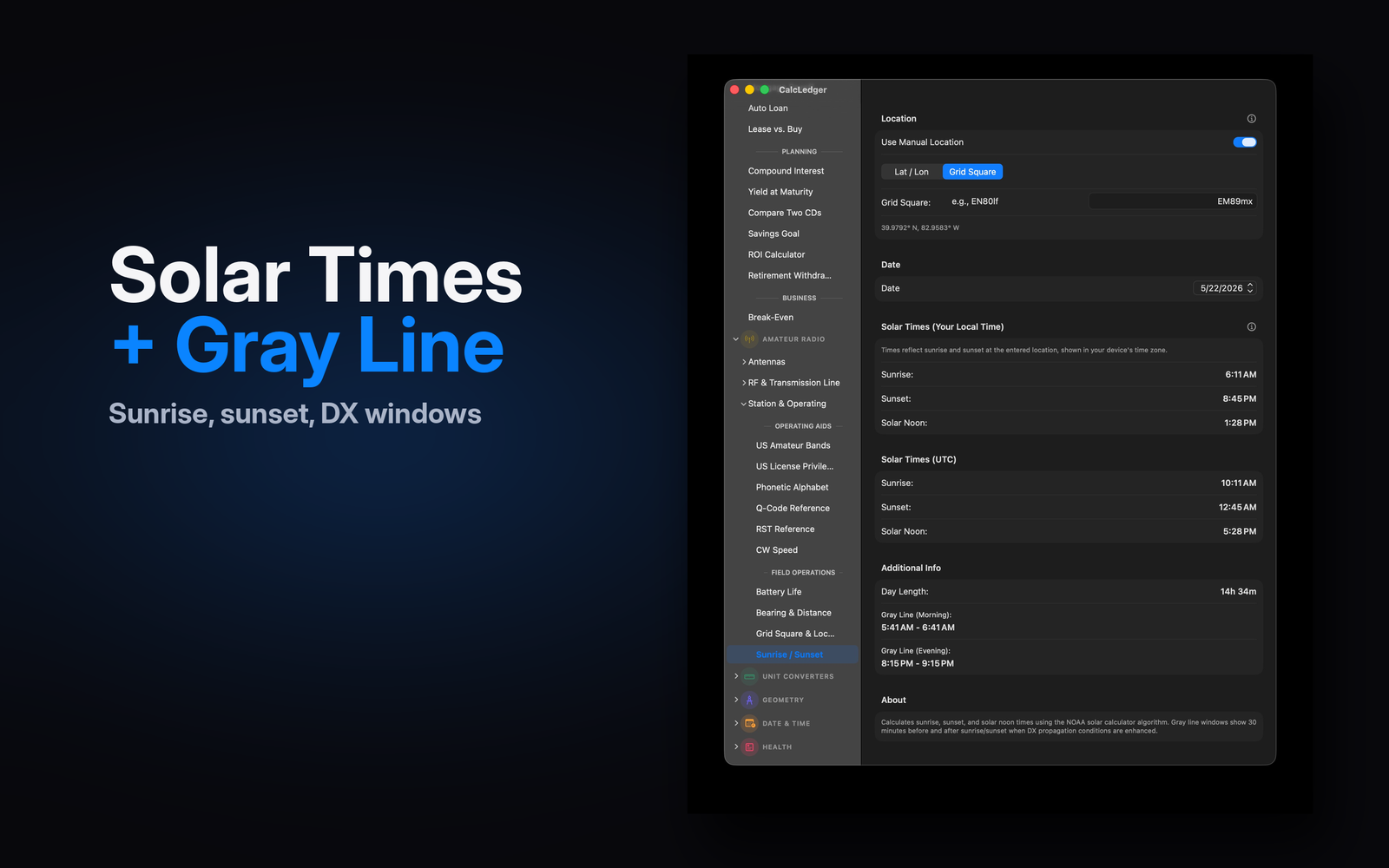 CalcLedger Sunrise/Sunset and gray line windows on Mac