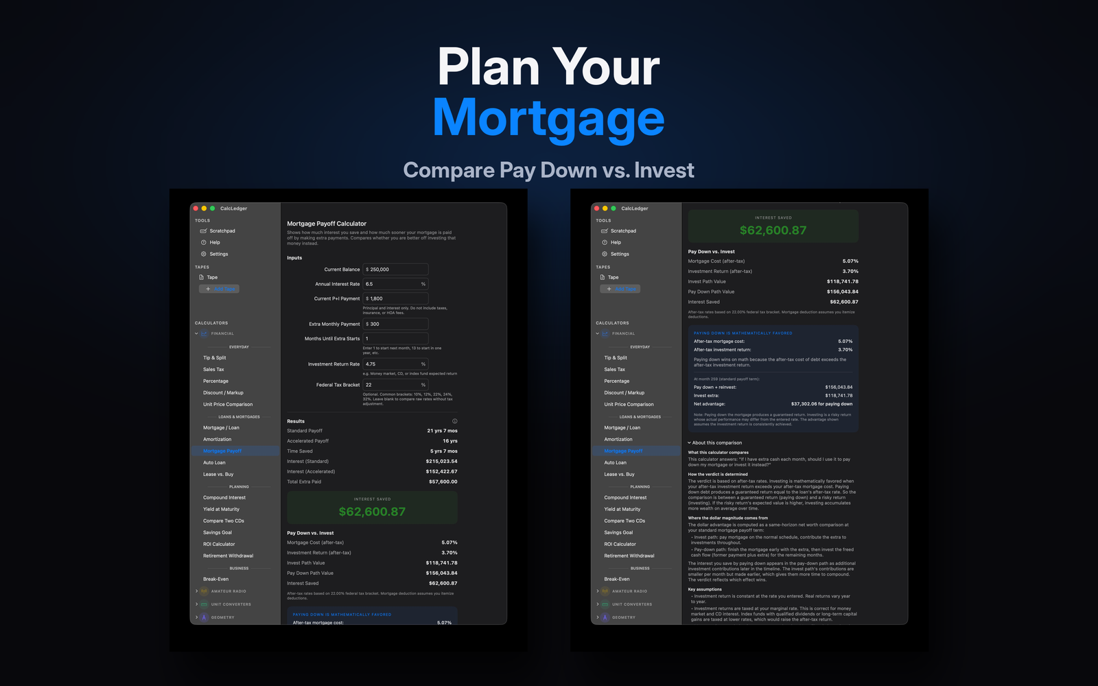 CalcLedger Mortgage Payoff calculator on Mac