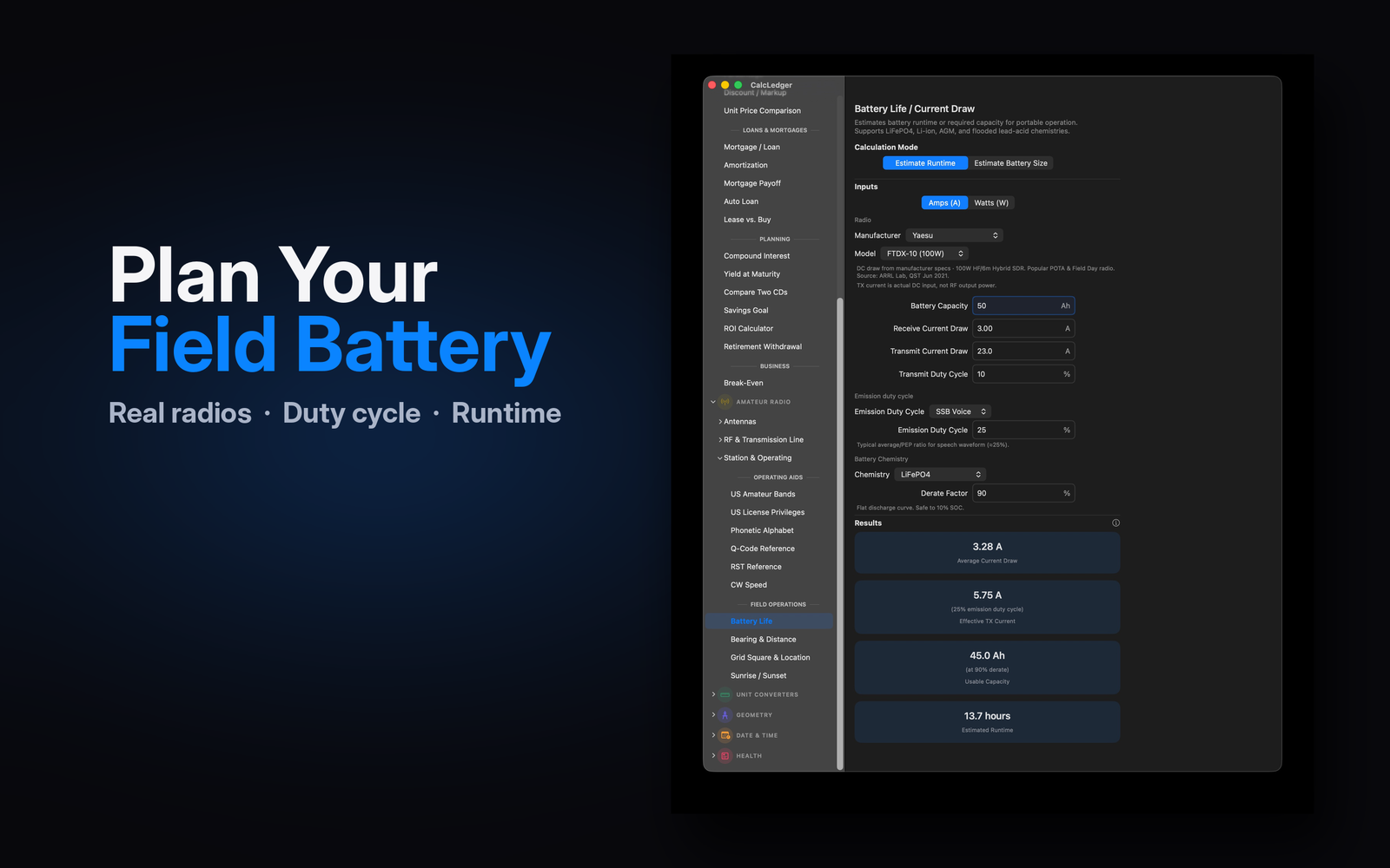 CalcLedger Battery Life calculator on Mac with radio manufacturer dropdown