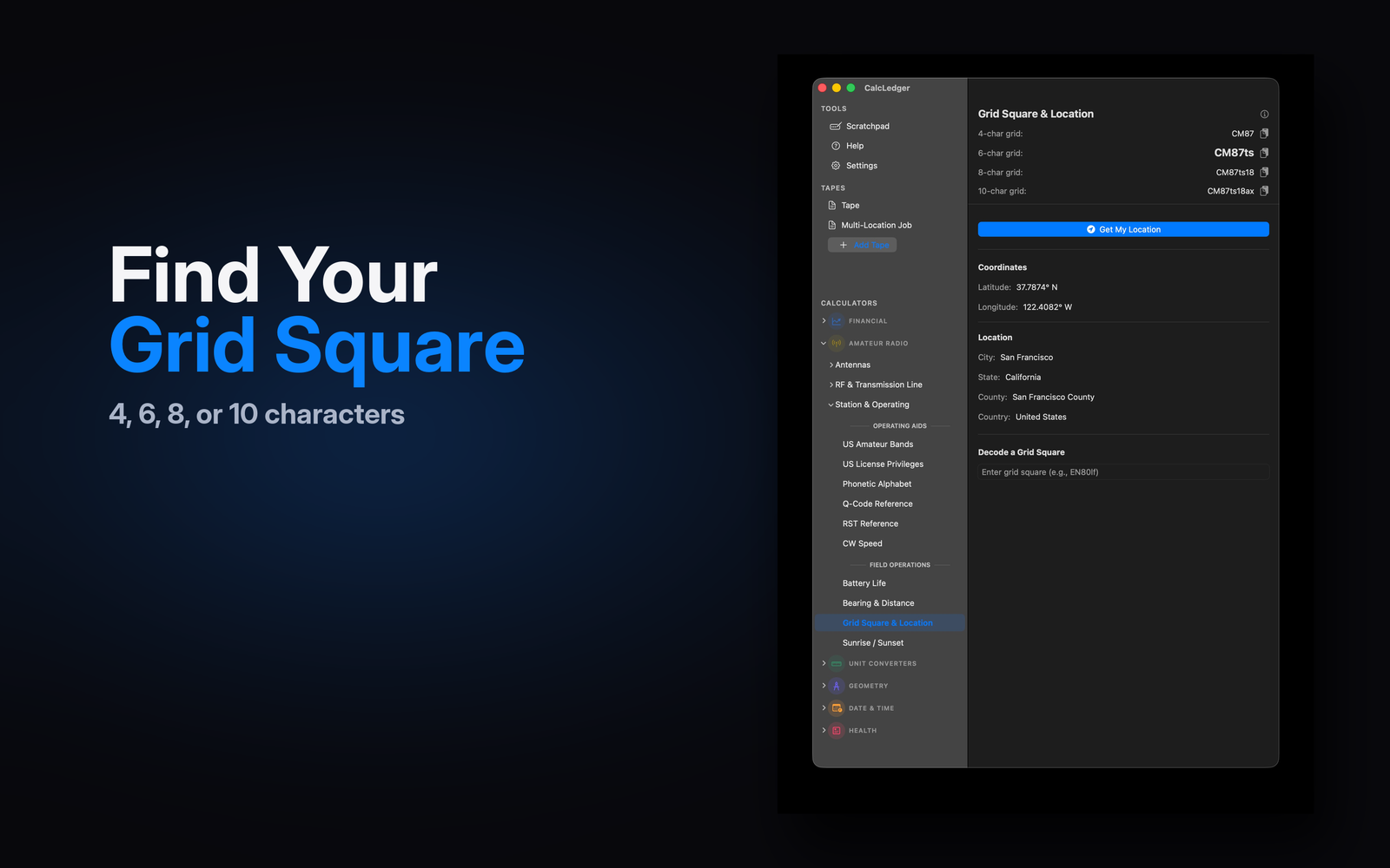 CalcLedger Grid Square and Location calculator on Mac