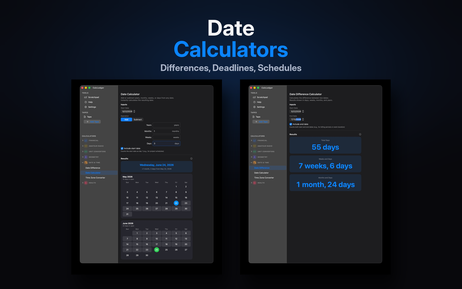 CalcLedger Date Calculator on Mac with dual calendar view